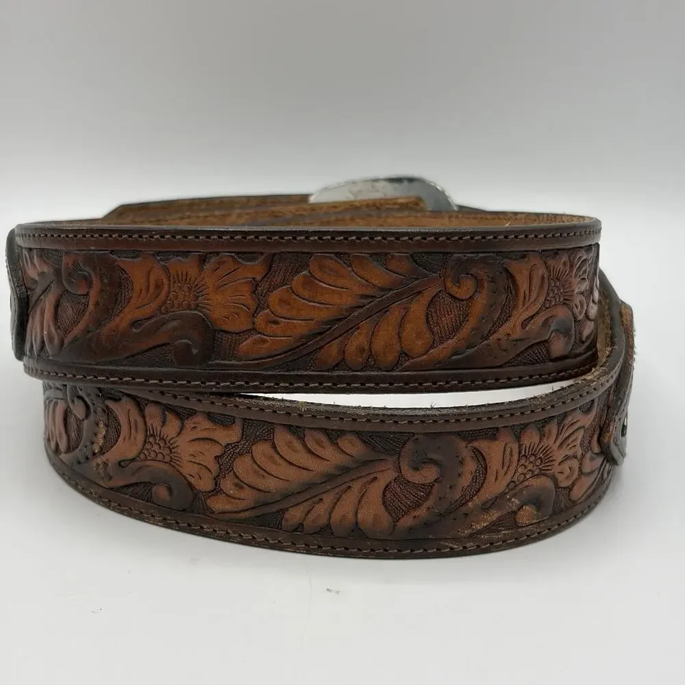 Justin Men’s Brown Leather Ranger Belt Silver Tone Accents Size 38 USA 114CH
